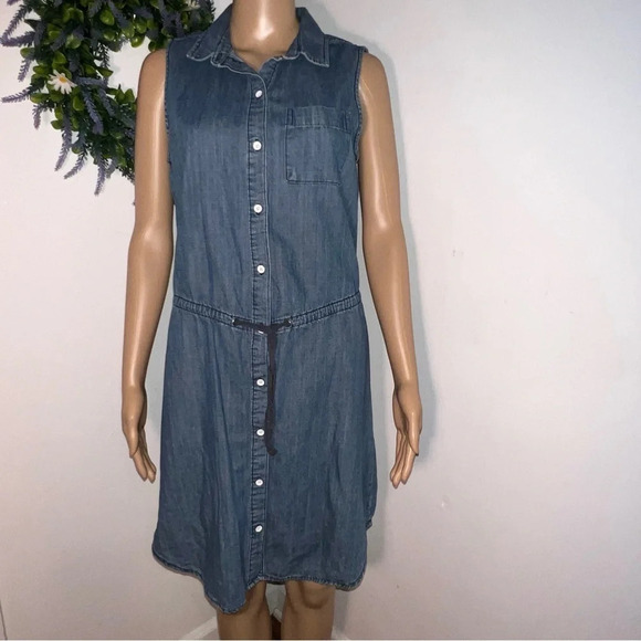 G.H.Bass & Co.,M, denim sleeveless,collar button front elastic waist w/belt midi - Picture 1 of 6